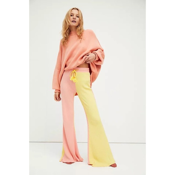 LoveShackFancy Flores Pants Citrus Cupcake Medium Pink Yellow Flare Ribbed - Picture 1 of 6